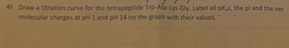 4) Draw a titration curve for the tetrapeptide Trp-Asp-Lys-Gly. Label all pK,s, the pl and the net
molecular charges at pH 1 and pH 14 on the graph with their values.
