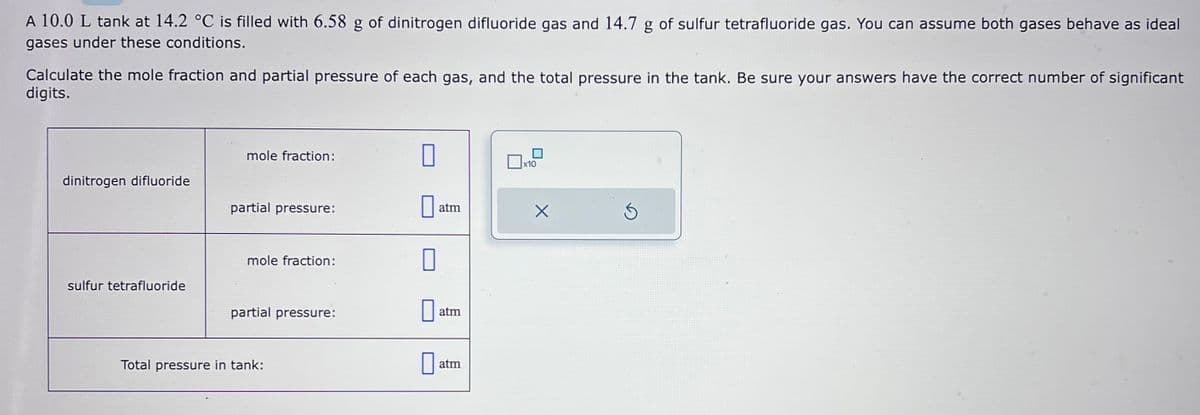 A 10.0 L tank at 14.2 °C is filled with 6.58 g of dinitrogen difluoride gas and 14.7 g of sulfur tetrafluoride gas. You can assume both gases behave as ideal
gases under these conditions.
Calculate the mole fraction and partial pressure of each gas, and the total pressure in the tank. Be sure your answers have the correct number of significant
digits.
dinitrogen difluoride
sulfur tetrafluoride
mole fraction:
partial pressure:
mole fraction:
partial pressure:
Total pressure in tank:
0
0 atm
0
0 atm
atm
x10
X
Ś