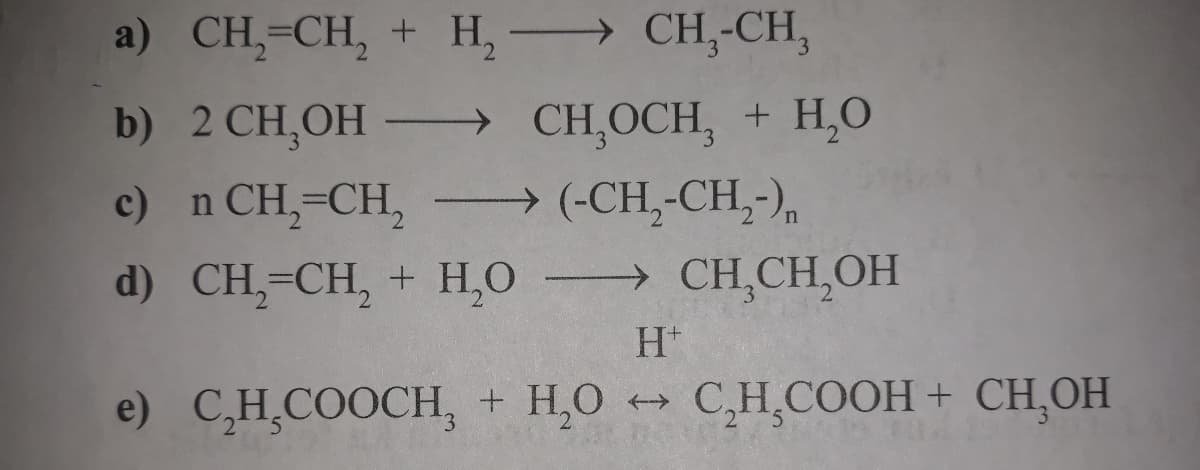 a) CH, -CH, + Н, — СH-СH,
b) 2 CH,OH – CH,OCH, + H,0
c) n CH,=CH,
(-CH,-CH,-),
d) CH,-CH, + H,0
→ CH,CH,OH
H+
e) C,H̟COOCH, + H,O
C,H,COOH + CH,OH
->
