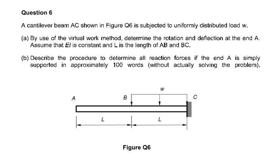 Question 6
A cantilever beam AC shown in Figure Q6 is subjected to uniformly distributed load w.
(a) By use of the virtual work method, determine the rotation and deflection at the end A.
Assume that El is constant and L is the length of AB and BC.
(b) Describe the procedure to determine all reaction forces if the end A is simply
supported in approximately 100 words (without actually solving the problem).
A
L
L
B
Figure Q6
W
L
C