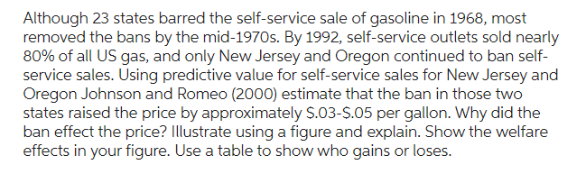 Although 23 states barred the self-service sale of gasoline in 1968, most
removed the bans by the mid-1970s. By 1992, self-service outlets sold nearly
80% of all US gas, and only New Jersey and Oregon continued to ban self-
service sales. Using predictive value for self-service sales for New Jersey and
Oregon Johnson and Romeo (2000) estimate that the ban in those two
states raised the price by approximately $.03-$.05 per gallon. Why did the
ban effect the price? Illustrate using a figure and explain. Show the welfare
effects in your figure. Use a table to show who gains or loses.
