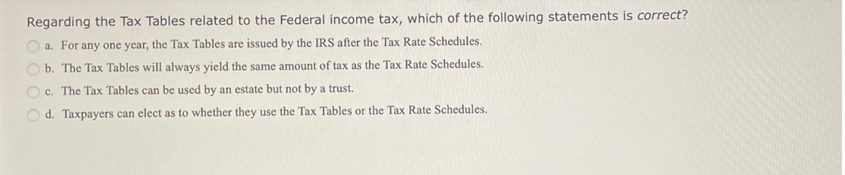 Regarding the Tax Tables related to the Federal income tax, which of the following statements is correct?
a. For any one year, the Tax Tables are issued by the IRS after the Tax Rate Schedules.
b. The Tax Tables will always yield the same amount of tax as the Tax Rate Schedules.
c. The Tax Tables can be used by an estate but not by a trust.
d. Taxpayers can elect as to whether they use the Tax Tables or the Tax Rate Schedules.