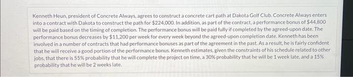 Kenneth Heun, president of Concrete Always, agrees to construct a concrete cart path at Dakota Golf Club. Concrete Always enters
into a contract with Dakota to construct the path for $224,000. In addition, as part of the contract, a performance bonus of $44,800
will be paid based on the timing of completion. The performance bonus will be paid fully if completed by the agreed-upon date. The
performance bonus decreases by $11,200 per week for every week beyond the agreed-upon completion date. Kenneth has been
involved in a number of contracts that had performance bonuses as part of the agreement in the past. As a result, he is fairly confident
that he will receive a good portion of the performance bonus. Kenneth estimates, given the constraints of his schedule related to other
jobs, that there is 55% probability that he will complete the project on time, a 30% probability that he will be 1 week late, and a 15%
probability that he will be 2 weeks late.
