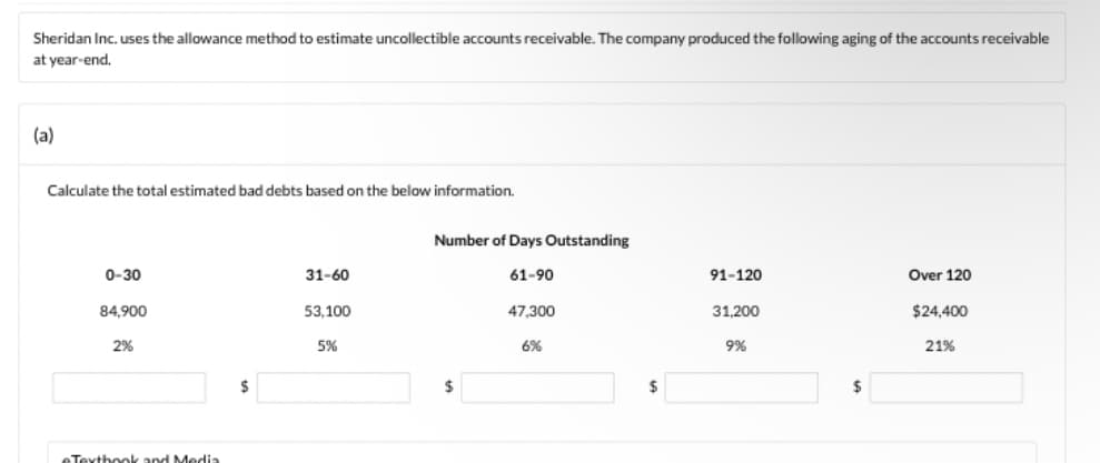 Sheridan Inc. uses the allowance method to estimate uncollectible accounts receivable. The company produced the following aging of the accounts receivable
at year-end.
(a)
Calculate the total estimated bad debts based on the below information.
Number of Days Outstanding
0-30
31-60
61-90
91-120
Over 120
84,900
53,100
47,300
31,200
$24,400
2%
5%
6%
9%
21%
2$
24
$
24
Texthook and Media
