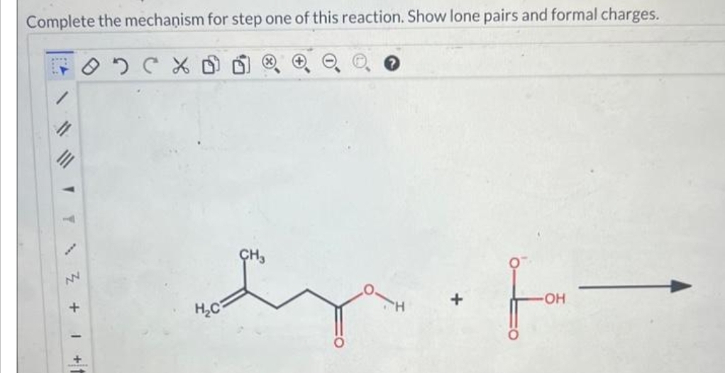 Complete the mechanism for step one of this reaction. Show lone pairs and formal charges.
оххD D
.***
3+1+
H₂C
for