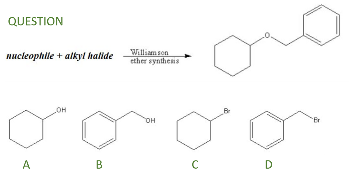 QUESTION
nucleophile + alkyl halide
William son
ether synthesis
Br
HO
он
Br
А
В
D
