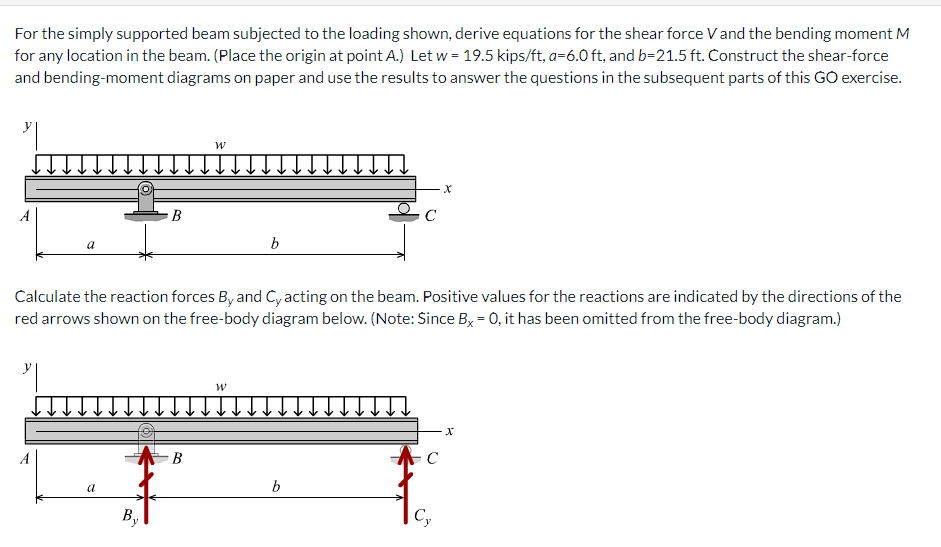 For the simply supported beam subjected to the loading shown, derive equations for the shear force Vand the bending moment M
for any location in the beam. (Place the origin at point A.) Let w = 19.5 kips/ft, a=6.0 ft, and b=21.5 ft. Construct the shear-force
and bending-moment diagrams on paper and use the results to answer the questions in the subsequent parts of this GO exercise.
B
C
a
b
Calculate the reaction forces By and C, acting on the beam. Positive values for the reactions are indicated by the directions of the
red arrows shown on the free-body diagram below. (Note: Since By = 0, it has been omitted from the free-body diagram.)
- B
C
a
b
B,
Cy
