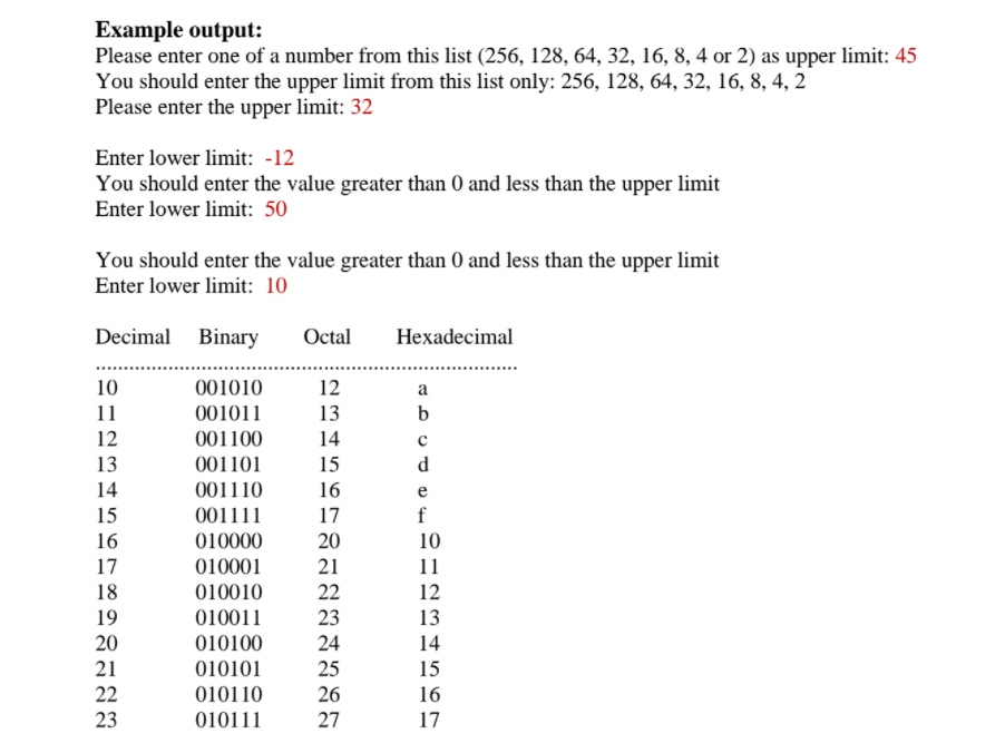 Example output:
Please enter one of a number from this list (256, 128, 64, 32, 16, 8, 4 or 2) as upper limit: 45
You should enter the upper limit from this list only: 256, 128, 64, 32, 16, 8, 4, 2
Please enter the upper limit: 32
Enter lower limit: -12
You should enter the value greater than 0 and less than the upper limit
Enter lower limit: 50
You should enter the value greater than 0 and less than the upper limit
Enter lower limit: 10
Decimal
Binary
Octal
Hexadecimal
10
001010
12
a
11
001011
13
b
12
001100
14
13
001101
15
d
14
001110
16
15
001111
17
f
16
010000
20
10
17
010001
21
11
18
010010
22
12
19
010011
23
13
20
21
010100
24
14
25
26
010101
15
22
010110
16
23
010111
27
17
