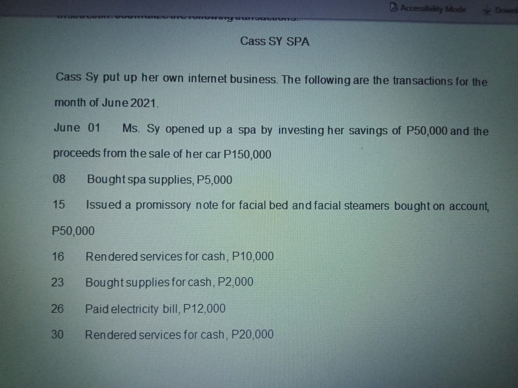 A Accessibility Mode
7Downl
Cass SY SPA
Cass Sy put up her own internet business. The following are the transactions for the
month of June 2021.
June 01
Ms. Sy opened up a spa by investing her savings of P50,000 and the
proceeds from the sale of her car P150,000
08
Bought spa supplies, P5,000
15
Issu ed a promissory note for facial bed and facial steamers bought on account,
P50,000
16
Rendered services for cash, P10,000
23
Bought supplies for cash, P2,000
26
Paid electricity bill, P12,000
30
Rendered services for cash, P20,000
