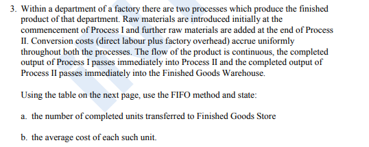 3. Within a department of a factory there are two processes which produce the finished
product of that department. Raw materials are introduced initially at the
commencement of Process I and further raw materials are added at the end of Process
II. Conversion costs (direct labour plus factory overhead) accrue uniformly
throughout both the processes. The flow of the product is continuous, the completed
output of Process I passes immediately into Process II and the completed output of
Process II passes immediately into the Finished Goods Warehouse.
Using the table on the next page, use the FIFO method and state:
a. the number of completed units transferred to Finished Goods Store
b. the average cost of each such unit.
