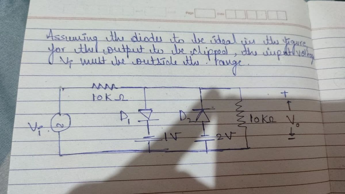 Assuming the dioder to be ideal is the figure
for the output to be clipped, the simput voltag
Vp must be outside the
range.
Vr (₂)
AAAA
toks
Page
ENV
✔
D₂A
-2V
+
t
loke V.
↓