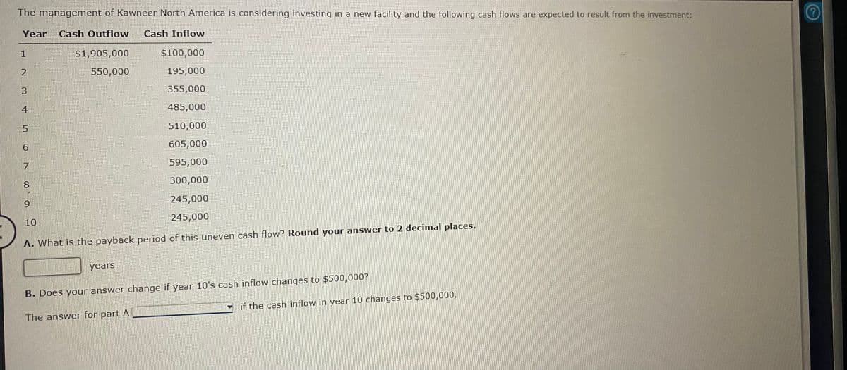 The management of Kawneer North America is considering investing in a new facility and the following cash flows are expected to result from the investment:
Year
Cash Outflow
Cash Inflow
1
$1,905,000
$100,000
550,000
195,000
355,000
4
485,000
510,000
605,000
595,000
300,000
245,000
245,000
10
A. What is the payback period of this uneven cash flow? Round your answer to 2 decimal places.
years
B. Does your answer change if year 10's cash inflow changes to $500,000?
if the cash inflow in year 10 changes to $500,000.
The answer for part A
