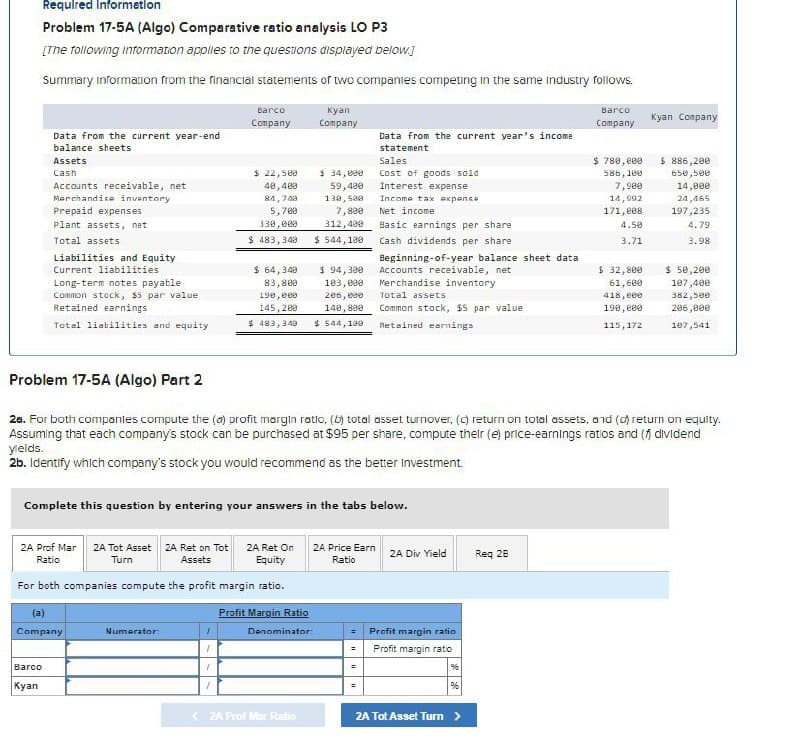 Required Information
Problem 17-5A (Algo) Comparative ratio analysis LO P3
[The following information applies to the questions displayed below.]
Summary information from the financial statements of two companies competing in the same industry follows.
Barco
Kyan
Company
Company
Barco
Company
Kyan Company
Data from the current year-end
balance sheets
Data from the current year's income
statement
Assets
Sales
Prepaid expenses
Cash
$ 22,500
$ 34,000
Accounts receivable, net
40,400
59,400
Merchandise inventory
84,743
130,500
Plant assets, net
5,700
330,000
312,400
Basic earnings per share
Total assets
$ 483,348
$ 544,180
Cash dividends per share
Current liabilities
Liabilities and Equity
Long-term notes payable.
Common stock, $5 par value
Retained earnings
Total liabilities and equity
$ 483,343 $ 544,100
$ 64,340
$ 94,300
Accounts receivable, net
83,800
190,000
103,000
206,000
Beginning-of-year balance sheet data
Merchandise inventory
Total assets
145,200
140,800
Common stock, $5 par value
Retained earnings
7,800
Cost of goods sold
Interest expense
Income tax expense
Net income
$780,000
586,100
7,900
$ 886,200
650,500
14,000
14,992
24,465
171,008
197,235
4.50
4.79
3.71
3.98
$ 32,800
$ 50,200
61,600
107,400
418,000
382,500
190,000
206,000
115,172
107,541
Problem 17-5A (Algo) Part 2
2a. For both companies compute the (a) profit margin ratio, (b) total asset turnover, (c) return on total assets, and (c) return on equity.
Assuming that each company's stock can be purchased at $95 per share, compute their (e) price-earnings ratios and (f) dividend
yields.
2b. Identify which company's stock you would recommend as the better Investment.
Complete this question by entering your answers in the tabs below.
Turn
2A Prof Mar 2A Tot Asset 2A Ret on Tot 2A Ret On
Ratio
Assets
Equity
2A Price Earn
Ratio
2A Div Yield
Req 28
For both companies compute the profit margin ratio.
(a)
Company
Barco
Kyani
Numerator:
Profit Margin Ratio
Denominator:
=
Profit margin ratio
=
Profit margin ratio
96
=
%
2A Prof Mar Ratio
2A Tot Asset Turn >