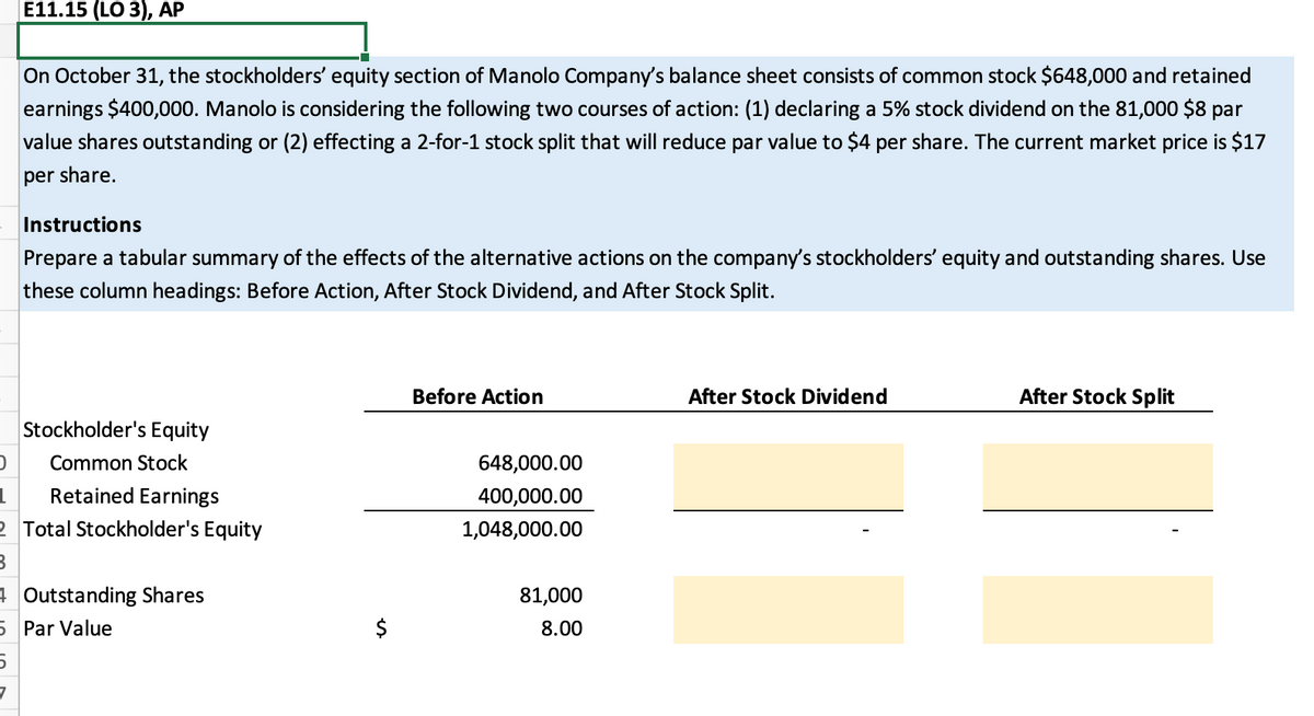 E11.15 (LO 3), AP
On October 31, the stockholders' equity section of Manolo Company's balance sheet consists of common stock $648,000 and retained
earnings $400,000. Manolo is considering the following two courses of action: (1) declaring a 5% stock dividend on the 81,000 $8 par
value shares outstanding or (2) effecting a 2-for-1 stock split that will reduce par value to $4 per share. The current market price is $17
per share.
Instructions
Prepare a tabular summary of the effects of the alternative actions on the company's stockholders' equity and outstanding shares. Use
these column headings: Before Action, After Stock Dividend, and After Stock Split.
Before Action
After Stock Dividend
After Stock Split
Stockholder's Equity
D
Common Stock
1 Retained Earnings
2 Total Stockholder's Equity
B
Outstanding Shares
5
Par Value
5
7
$
648,000.00
400,000.00
1,048,000.00
81,000
8.00