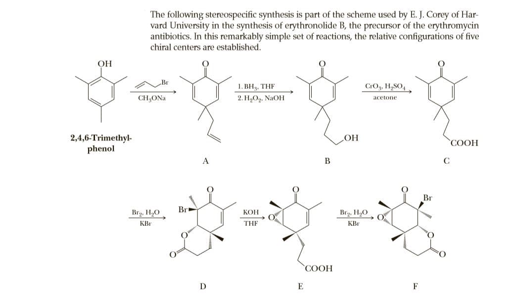 The following stereospecific synthesis is part of the scheme used by E. J. Corey of Har-
vard University in the synthesis of erythronolide B, the precursor of the erythromycin
antibiotics. In this remarkably simple set of reactions, the relative configurations of five
chiral centers are established.
OH
1. ВН, THF
CrOg, H,SO4
CH;ONa
2. Н,О», NaOH
acetone
2,4,6-Trimethyl-
phenol
HO
COOH
A
B
C
Br
Br
Brg, H,O
КОН
Brg, H,O
KBr
THE
KBr
СООН
E
F
