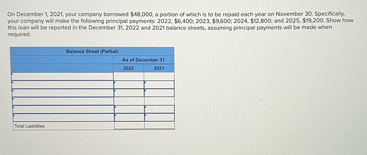 On December 1, 2021, your company borrowed $48,000, a portion of which is to be repaid each year on November 30. Specifically,
your company will make the following principal payments: 2022, $6,400; 2023, $9,600; 2024, $12,800; and 2025, $19,200. Show how
this loan will be reported in the December 31, 2022 and 2021 balance sheets, assuming principal payments will be made when
required.
Balance Sheet (Partial)
As of December 31
2022
2021
Total Liabilities
