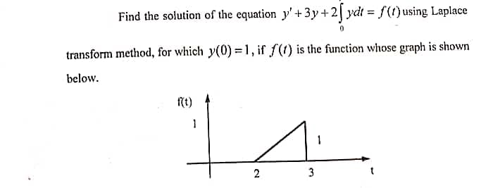 Find the solution of the equation y'+ 3y+2 ydt = f(t)using Laplace
transform method, for which y(0) = 1, if f(1) is the function whose graph is shown
below.
(t)
1
2
3
