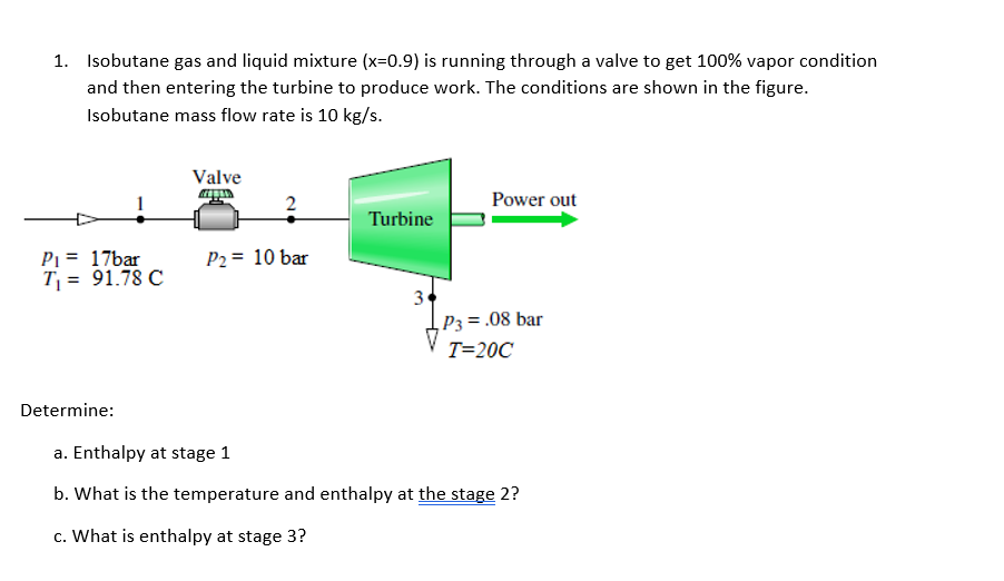 1. Isobutane gas and liquid mixture (x=0.9) is running through a valve to get 100% vapor condition
and then entering the turbine to produce work. The conditions are shown in the figure.
Isobutane mass flow rate is 10 kg/s.
Valve
2
Power out
Turbine
P₁ = 17bar
P2 = 10 bar
T₁ = 91.78 C
3
P3= .08 bar
T=20C
Determine:
a. Enthalpy at stage 1
b. What is the temperature and enthalpy at the stage 2?
c. What is enthalpy at stage 3?