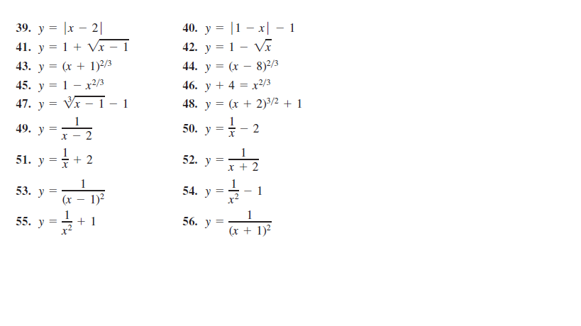 39. y = |x – 2||
41. y = 1 + Vx - 1
43. y = (x + 1)²/3
45. у 3D 1 — х?/3
47. y = Vx
40. у %3D |1 — х| -1
42. y = 1 - Vĩ
44. у %3D (х — 8)2/3
46. y + 4 = x²/3
48. y = (x + 2)3/2 + 1
50. y
49. y
х
х
52. y
51. y
+ 2
54. y
53. y
1)2
56. y =
55. У
(x + 1)2
とー
||
