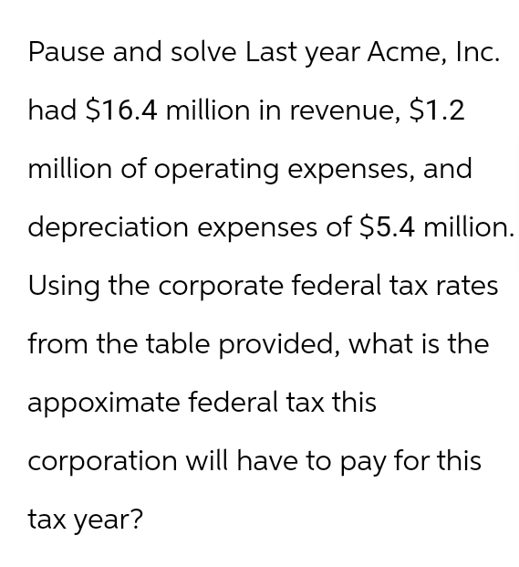 Pause and solve Last year Acme, Inc.
had $16.4 million in revenue, $1.2
million of operating expenses, and
depreciation expenses of $5.4 million.
Using the corporate federal tax rates
from the table provided, what is the
appoximate federal tax this
corporation will have to pay for this
tax year?