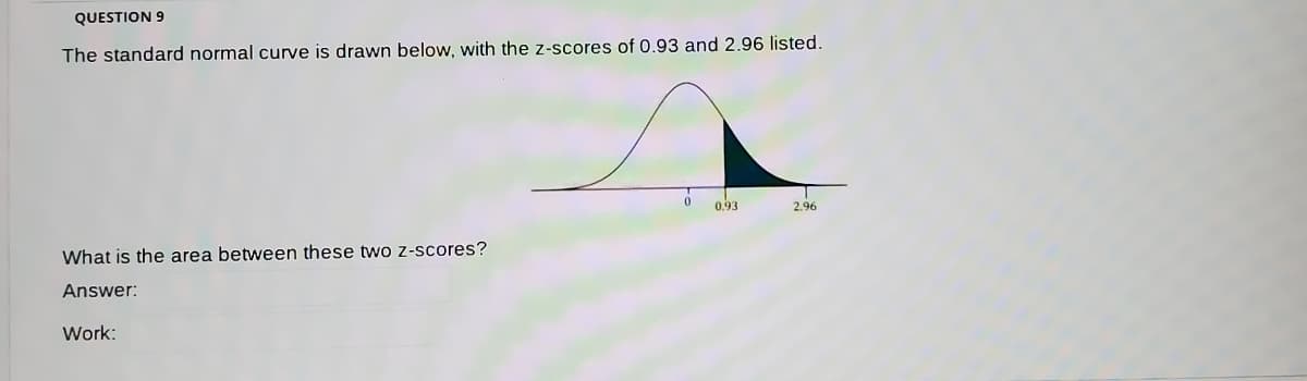 QUESTION 9
The standard normal curve is drawn below, with the z-scores of 0.93 and 2.96 listed.
0.93
2.96
What is the area between these two z-scores?
Answer:
Work:
