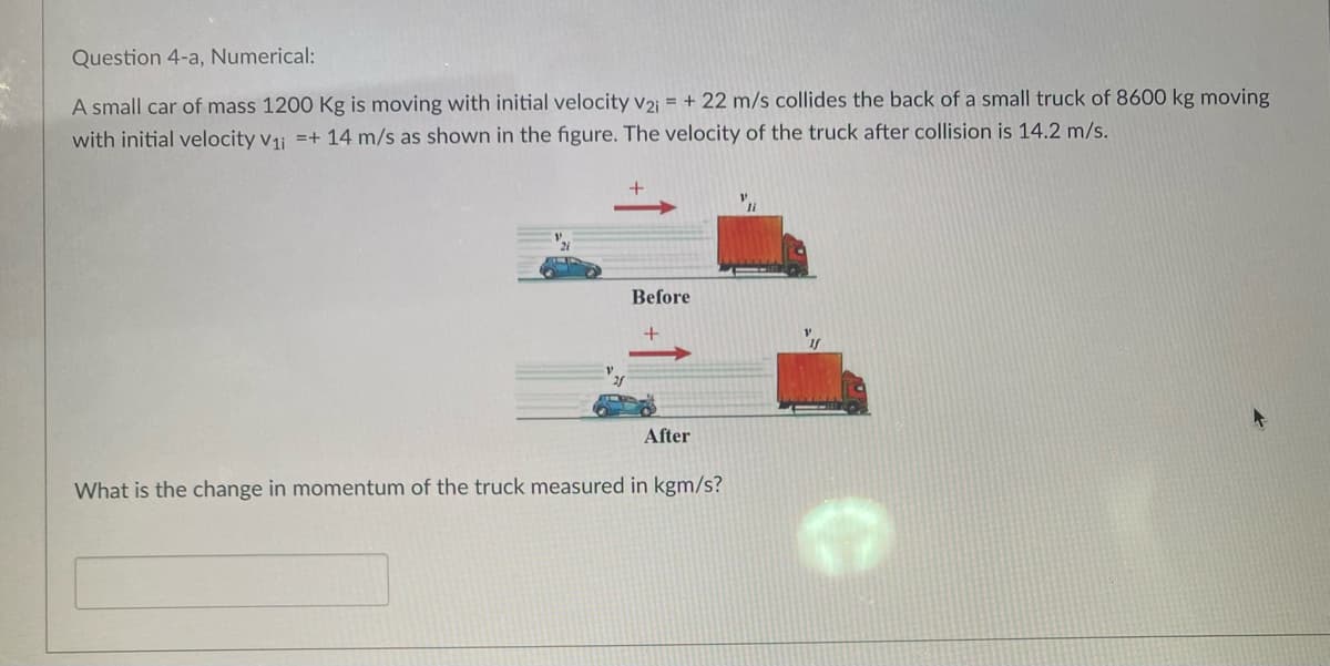 Question 4-a, Numerical:
A small car of mass 1200 Kg is moving with initial velocity v2i = + 22 m/s collides the back of a small truck of 8600 kg moving
with initial velocity v₁ =+ 14 m/s as shown in the figure. The velocity of the truck after collision is 14.2 m/s.
Before
'y
After
What is the change in momentum of the truck measured in kgm/s?