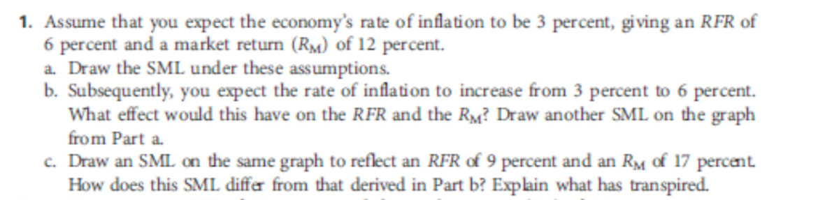 1. Assume that you expect the economy's rate of inflation to be 3 percent, giving an RFR of
6 percent and a market return (RM) of 12 percent.
a. Draw the SML under these assumptions.
b. Subsequently, you expect the rate of inflation to increase from 3 percent to 6 percent.
What effect would this have on the RFR and the RM? Draw another SML on the graph
from Part a.
c. Draw an SML on the same graph to reflect an RFR of 9 percent and an RM of 17 percent.
How does this SML differ from that derived in Part b? Explain what has transpired.