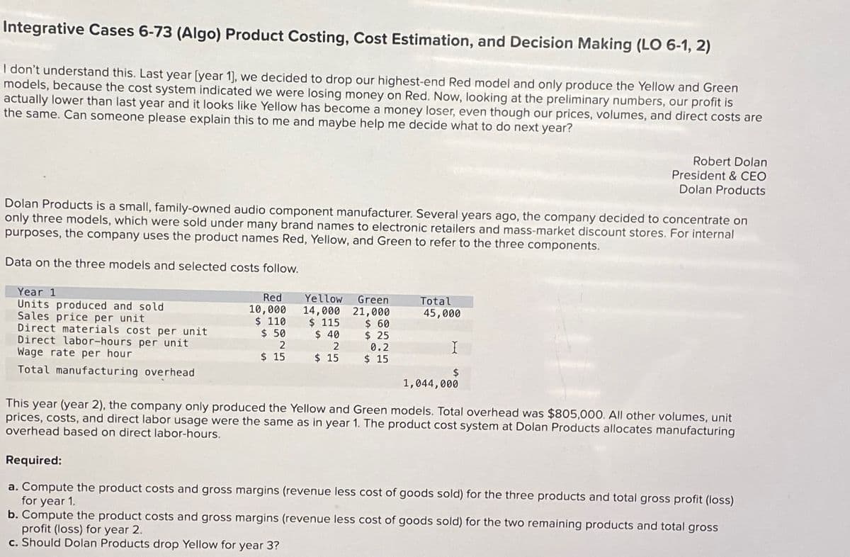 Integrative Cases 6-73 (Algo) Product Costing, Cost Estimation, and Decision Making (LO 6-1, 2)
I don't understand this. Last year (year 1), we decided to drop our highest-end Red model and only produce the Yellow and Green
models, because the cost system indicated we were losing money on Red. Now, looking at the preliminary numbers, our profit is
actually lower than last year and it looks like Yellow has become a money loser, even though our prices, volumes, and direct costs are
the same. Can someone please explain this to me and maybe help me decide what to do next year?
Robert Dolan
President & CEO
Dolan Products
Dolan Products is a small, family-owned audio component manufacturer. Several years ago, the company decided to concentrate on
only three models, which were sold under many brand names to electronic retailers and mass-market discount stores. For internal
purposes, the company uses the product names Red, Yellow, and Green to refer to the three components.
Data on the three models and selected costs follow.
Year 1
Units produced and sold
Sales price per unit
Direct materials cost per unit
Direct labor-hours per unit
Wage rate per hour.
Total manufacturing overhead
Red
10,000
Total
45,000
Yellow Green
14,000 21,000
$ 110
$ 115
$ 60
$ 50
$ 40
$ 25
2
2
0.2
$ 15
$ 15
$ 15
$
1,044,000
This year (year 2), the company only produced the Yellow and Green models. Total overhead was $805,000. All other volumes, unit
prices, costs, and direct labor usage were the same as in year 1. The product cost system at Dolan Products allocates manufacturing
overhead based on direct labor-hours.
Required:
a. Compute the product costs and gross margins (revenue less cost of goods sold) for the three products and total gross profit (loss)
for year 1.
b. Compute the product costs and gross margins (revenue less cost of goods sold) for the two remaining products and total gross
profit (loss) for year 2.
c. Should Dolan Products drop Yellow for year 3?