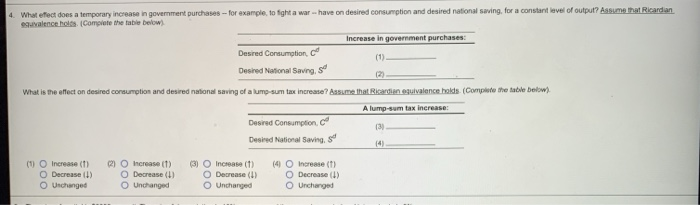 4. What effect does a temporary increase in government purchases--for example, to fight a war-have on desired consumption and desired national saving, for a constant level of output? Assume that Ricardian
equivalence holds. (Complete the table below)
Increase in government purchases:
Desired Consumption, C
(1)-
Desired National Saving, s
(2)-
What is the effect on desired consumption and desired national saving of a lump-sum tax increase? Assume that Ricardian equivalence holds (Complete the table below).
A lump-sum tax increase:
Desired Consumption, C
(3)
Desired National Saving,
(4) O Increase (1)
O Decrease (↓)
O Unchanged
(4)
(1) O Increase (1)
O Decrease (4)
(2) O Increase (1)
O Decrease (↓)
O Unchanged
O Unchanged
(3) O Increase (1)
O Decrease (1)
O Unchanged