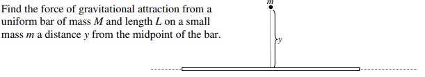 Find the force of gravitational attraction from a
uniform bar of mass M and length L on a small
mass m a distance y from the midpoint of the bar.
