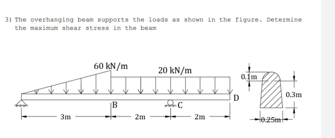 3) The overhanging beam supports the loads as shown in the figure. Determine
the maximum shear stress in the beam
60 kN/m
20 kN/m
0.1m
0.3m
B
C
3m
2m
2m
D
0.25m