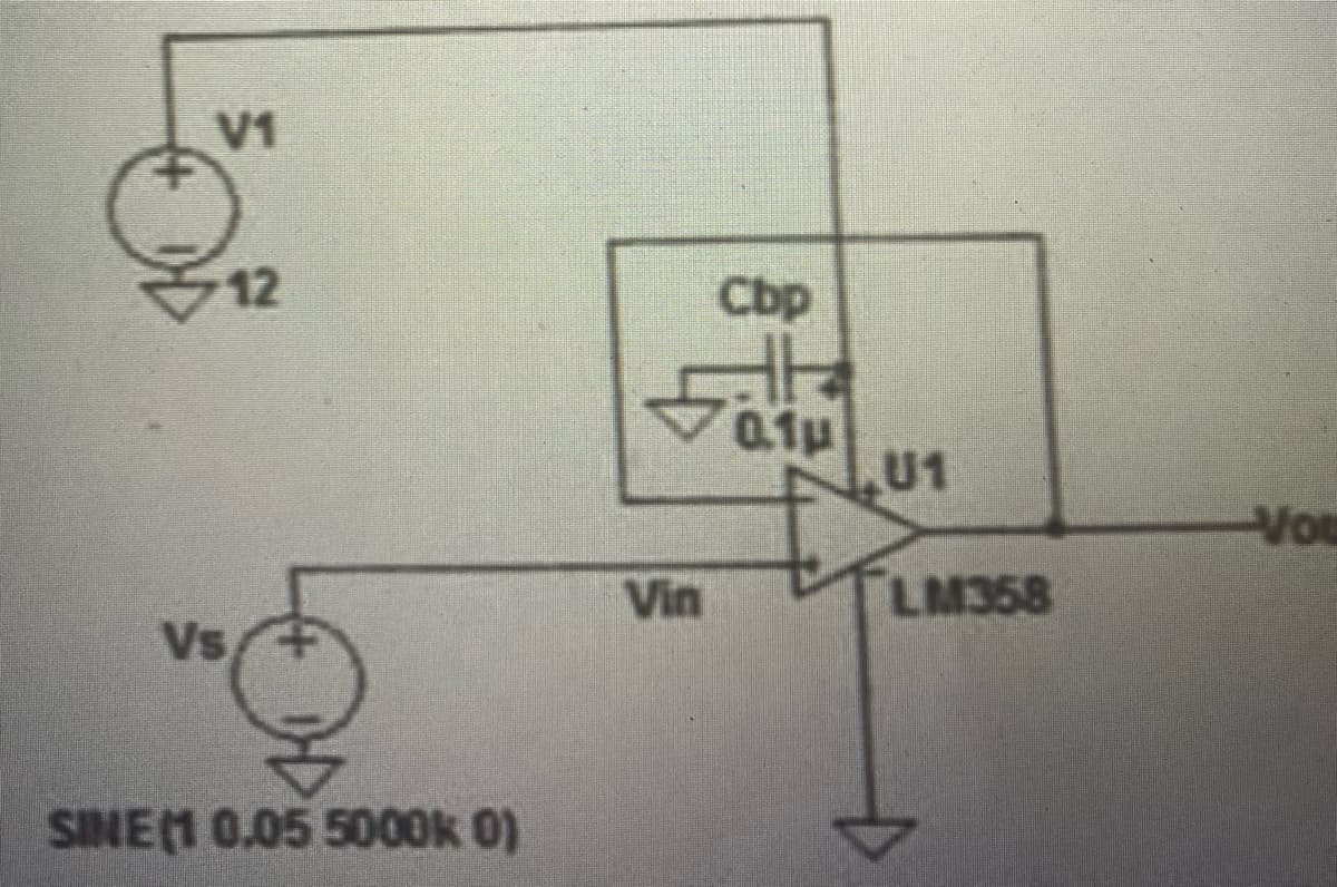 V1
12
Vs
SINE (1 0.05 5000k 0)
Vin
Cbp
0.1p
U1
LM358
Vou