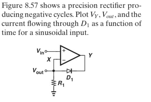 Figure 8.57 shows a precision rectifier pro-
ducing negative cycles. Plot Vy, Vout, and the
current flowing through D₁ as a function of
time for a sinusoidal input.
Vinº
Vout
X
WI
*
D₁
R₁
Y