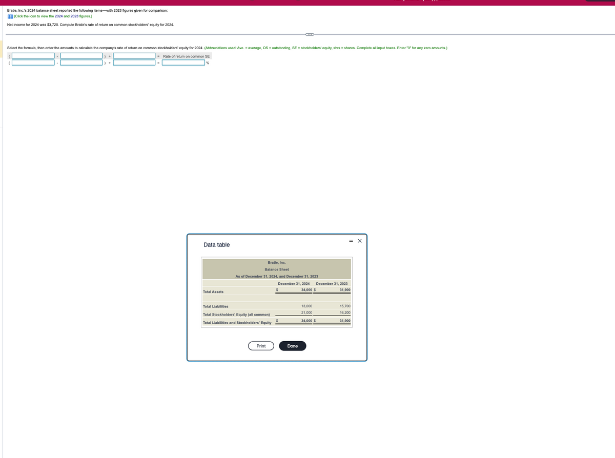 Bratie, Inc.'s 2024 balance sheet reported the following items-with 2023 figures given for comparison:
(Click
the icon to view the 2024 and 2023 figures.)
Net income for 2024 was $3,720. Compute Bratie's rate of return on common stockholders' equity for 2024.
Select the formula, then enter the amounts to calculate the company's rate of return
common stockholders' equity for 2024. (Abbreviations used: Ave. average, OS outstanding, SE = stockholders' equity, shrs shares. Complete
= Rate of return on common SE
input boxes. Enter "0" for any zero amounts.)
Data table
Total Assets
Bratie, Inc.
Balance Sheet
As of December 31, 2024, and December 31, 2023
December 31, 2024
34,000 $
December 31, 2023
31,900
Total Liabilities
13,000
15,700
Total Stockholders' Equity (all common)
Total Liabilities and Stockholders' Equity
21,000
16.200
34,000 $
31.900
Print
Done