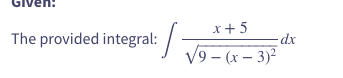 Given:
x+5
The provided integral:
dx
V9 – (x – 3)²
