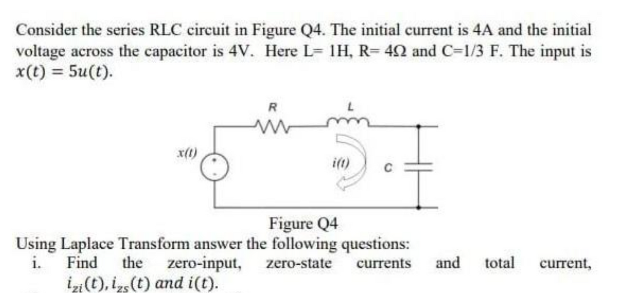 Consider the series RLC circuit in Figure Q4. The initial current is 4A and the initial
voltage across the capacitor is 4V. Here L= 1H, R=402 and C=1/3 F. The input is
x(t) = 5u(t).
x(t)
R
ww
L
i(t)
I
Figure Q4
Using Laplace Transform answer the following questions:
i.
Find
the
zero-input, zero-state currents and total current,
izi(t), izs (t) and i(t).