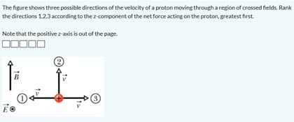 The figure shows three possible directions of the velocity of a proton moving through a region of crossed fields. Rank
the directions 1.2.3 according to the z-component of the net force acting on the proton, greatest first.
Note that the positive z-axis is out of the page.
В
(3.
