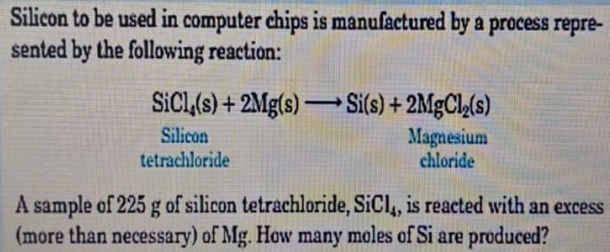 Silicon to be used in computer chips is manufactured by a process repre-
sented by the following reaction:
SiCl (s) + 2Mg(s) Si(s) + 2MgCl₂(s)
Magnesium
chloride
Silicon
tetrachloride
A sample of 225 g of silicon tetrachloride, SiCl,, is reacted with an excess
(more than necessary) of Mg. How many moles of Si are produced?