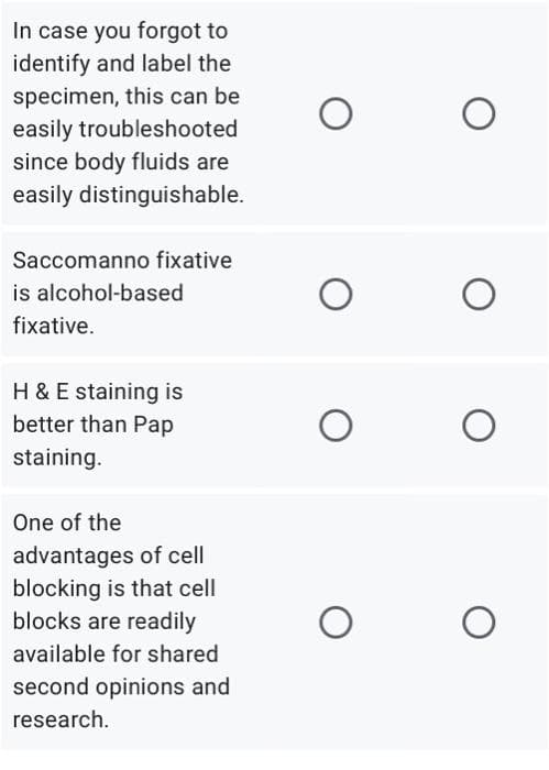 In case you forgot to
identify and label the
specimen, this can be
easily troubleshooted
since body fluids are
easily distinguishable.
Saccomanno fixative
is alcohol-based
fixative.
H &E staining is
better than Pap
staining.
One of the
advantages of cell
blocking is that cell
blocks are readily
available for shared
second opinions and
research.
