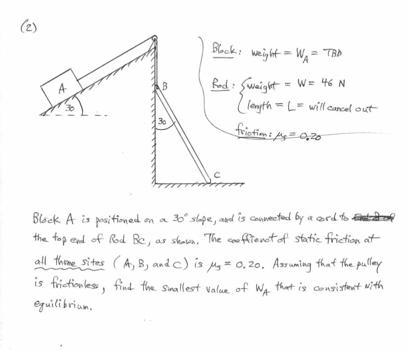 (2)
A
30
B
30
Black: weight
weight = W₁A = TBD
Rod: [weight = W = 46 N
length = L = will cancel out
friction:
μg = 0.20
Block A is positioned on a 30° slope, and is connected by a card to end of
the top end of Rod. Bc,
as shown. The coeffienet of static friction at
all three sites (A, B, and C) is μg = 0.20. Assuming that the pulley
is frictionless, find the smallest value of WA that is consistent with
equilibrium.