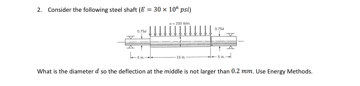 2. Consider the following steel shaft (E = 30 x 10 psi)
w=200 lb/in.
0.75d
0.75d
15 in.1
What is the diameter d so the deflection at the middle is not larger than 0.2 mm. Use Energy Methods.