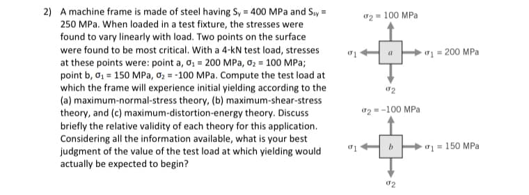 2) A machine frame is made of steel having Sy = 400 MPa and Ssy =
250 MPa. When loaded in a test fixture, the stresses were
found to vary linearly with load. Two points on the surface
were found to be most critical. With a 4-kN test load, stresses
at these points were: point a, 0₁ = 200 MPa, 0₂ = 100 MPa;
point b, 0₁ = 150 MPa, 0₂ = -100 MPa. Compute the test load at
which the frame will experience initial yielding according to the
(a) maximum-normal-stress theory, (b) maximum-shear-stress
theory, and (c) maximum-distortion-energy theory. Discuss
briefly the relative validity of each theory for this application.
Considering all the information available, what is your best
judgment of the value of the test load at which yielding would
actually be expected to begin?
02= 100 MPa
a
02
02=-100 MPa
b
02
0₁ = 200 MPa
01 = 150 MPa