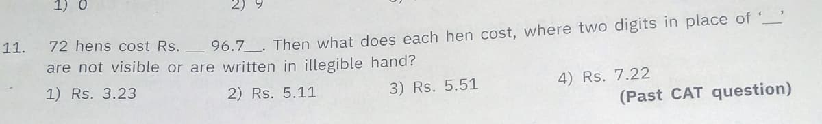 1) 0
11.
72 hens cost Rs.
96.7_. Then what does each hen cost, where two digits in place of :
are not visible or are written in illegible hand?
1) Rs. 3.23
2) Rs. 5.11
3) Rs. 5.51
4) Rs. 7.22
(Past CAT question)
