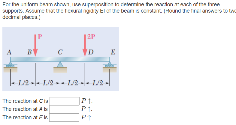 For the uniform beam shown, use superposition to determine the reaction at each of the three
supports. Assume that the flexural rigidity El of the beam is constant. (Round the final answers to two
decimal places.)
A
B
P
C
The reaction at C is
The reaction at A is
The reaction at E is
2P
D
12--12--1
L/2L/2L/2L/2→
P↑.
P↑.
P↑.
E