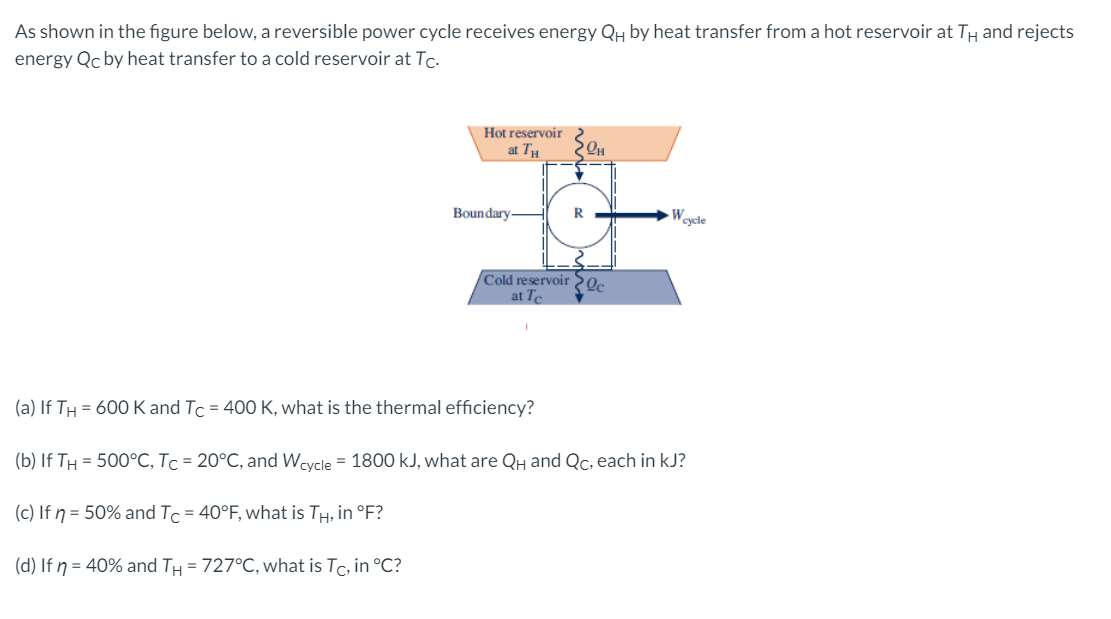 As shown in the figure below, a reversible power cycle receives energy QH by heat transfer from a hot reservoir at TH and rejects
energy Qc by heat transfer to a cold reservoir at Tc.
Hot reservoir
at TH
Boundary-
R.
Weyele
Cold reservoir 20.
at Te
(a) If TH = 600 K and Tc = 400 K, what is the thermal efficiency?
(b) If TH = 500°C, Tc = 20°C, and Wcycle = 1800 kJ, what are QH and Qc, each in kJ?
(c) If ŋ = 50% and Tc = 40°F, what is TH, in °F?
(d) If ŋ = 40% and TH = 727°C, what is Tc, in °C?
