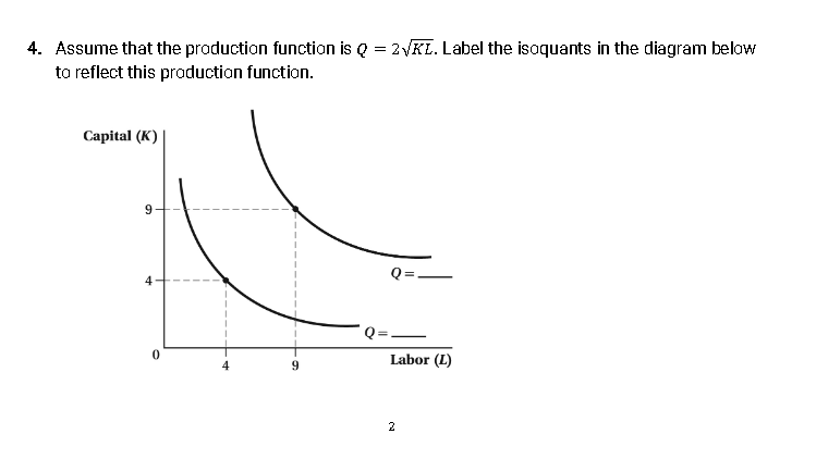 4. Assume that the production function is Q = 2√KL. Label the isoquants in the diagram below
to reflect this production function.
Capital (K)
4
0
4
9
Labor (L)
2