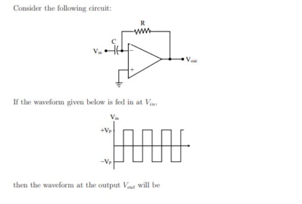 Consider the following circuit:
R
If the waveform given below is fed in at Vin
Vou
可
then the waveform at the output Vout will be