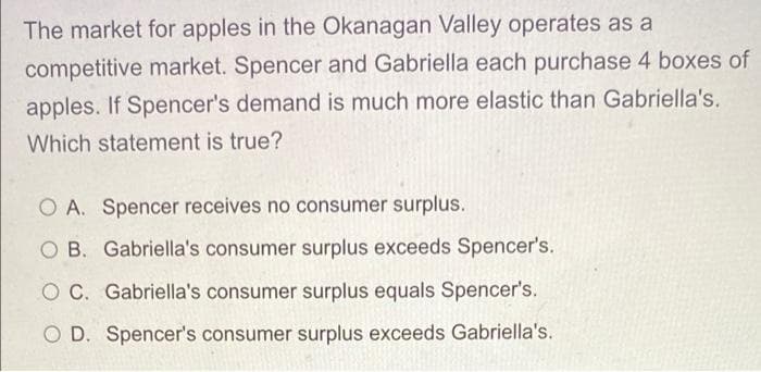 The market for apples in the Okanagan Valley operates as a
competitive market. Spencer and Gabriella each purchase 4 boxes of
apples. If Spencer's demand is much more elastic than Gabriella's.
Which statement is true?
O A. Spencer receives no consumer surplus.
O B. Gabriella's consumer surplus exceeds Spencer's.
O C. Gabriella's consumer surplus equals Spencer's.
O D. Spencer's consumer surplus exceeds Gabriella's.

