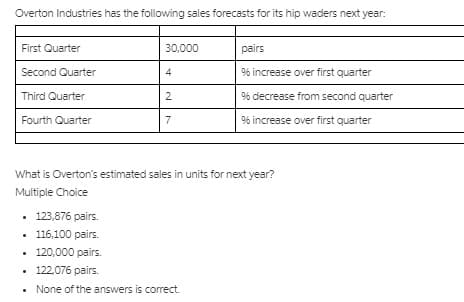 Overton Industries has the following sales forecasts for its hip waders next year:
First Quarter
30,000
pairs
Second Quarter
96 increase over first quarter
Third Quarter
96 decrease from second quarter
Fourth Quarter
7
96 increase over first quarter
What is Overton's estimated sales in units for next year?
Multiple Choice
• 123,876 pairs.
116,100 pairs.
120,000 pairs.
• 122,076 pairs.
• None of the answers is correct.
4,
2.
