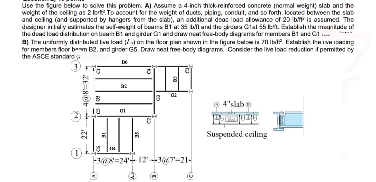 Use the figure below to solve this problem. A) Assume a 4-inch thick-reinforced concrete (normal weight) slab and the
weight of the ceiling as 2 lb/ft². To account for the weight of ducts, piping, conduit, and so forth, located between the slab
and ceiling (and supported by hangers from the slab), an additional dead load allowance of 20 lb/ft2 is assumed. The
designer initially estimates the self-weight of beams B1 at 35 lb/ft and the girders G1at 55 lb/ft. Establish the magnitude of
the dead load distribution on beam B1 and girder G1 and draw neat free-body diagrams for members B1 and G1 ....
B) The uniformly distributed live load (Lo) on the floor plan shown in the figure below is 70 lb/ft2. Establish the live loading
for members floor beam B2, and girder G5. Draw neat free-body diagrams. Consider the live load reduction if permitted by
the ASCE standard (
4@8'=32'
J
H
G4
B6
B2
G1
8
S
G3
3
G2
H
+3@8'-24' 12'3@7=21-
(c)
A 4"slab Ⓡ
Ⓡ
DUIU
QUE Duct
Suspended ceiling